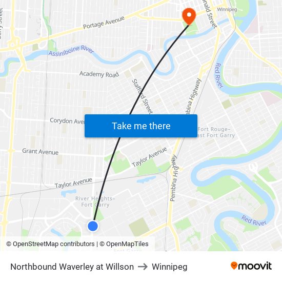 Northbound Waverley at Willson to Winnipeg map