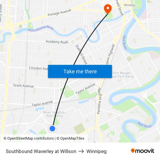 Southbound Waverley at Willson to Winnipeg map