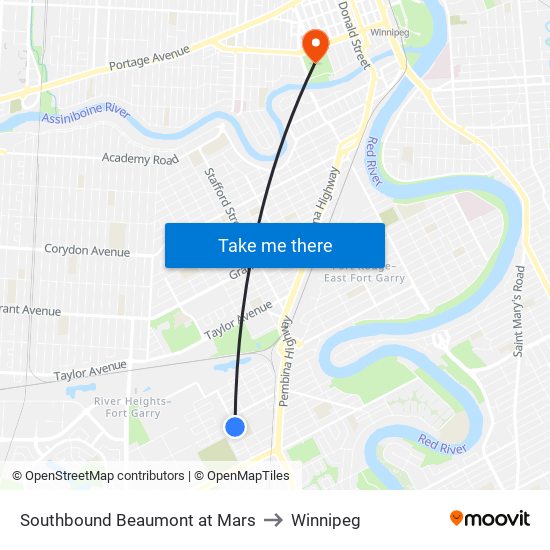 Southbound Beaumont at Mars to Winnipeg map