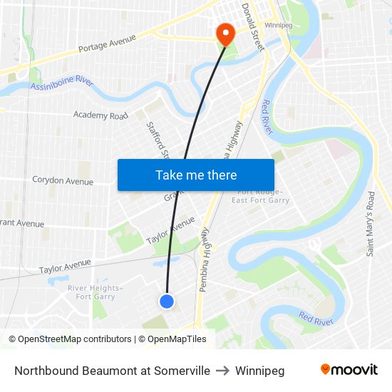 Northbound Beaumont at Somerville to Winnipeg map