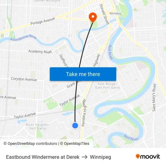 Eastbound Windermere at Derek to Winnipeg map