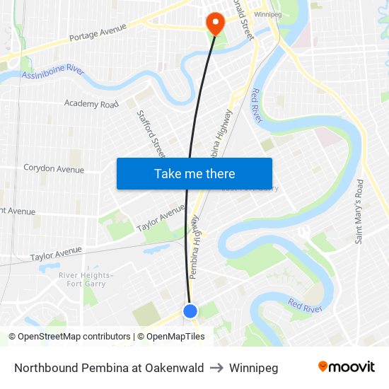 Northbound Pembina at Oakenwald to Winnipeg map