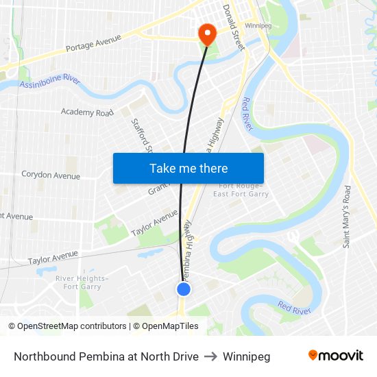 Northbound Pembina at North Drive to Winnipeg map