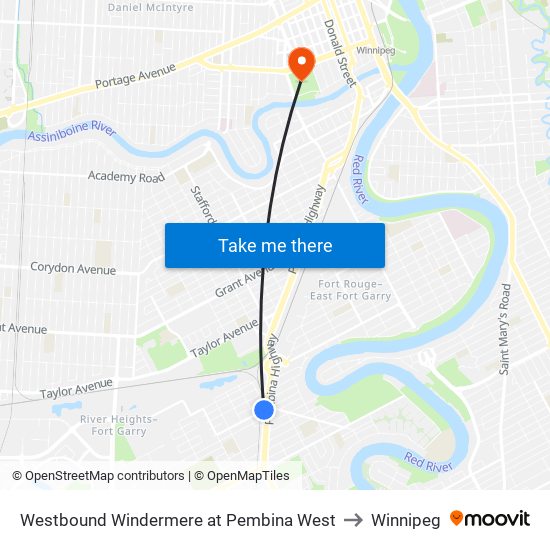 Westbound Windermere at Pembina West to Winnipeg map