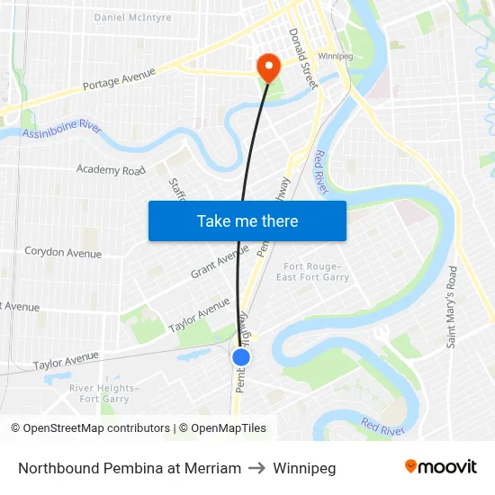 Northbound Pembina at Merriam to Winnipeg map