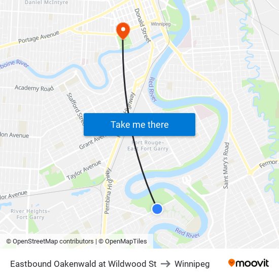 Eastbound Oakenwald at Wildwood St to Winnipeg map