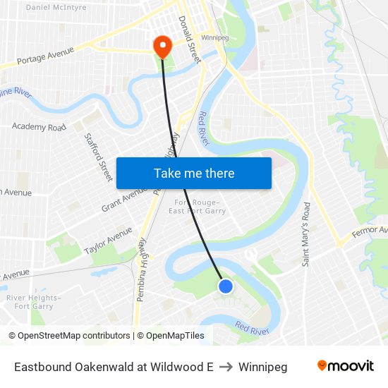 Eastbound Oakenwald at Wildwood E to Winnipeg map