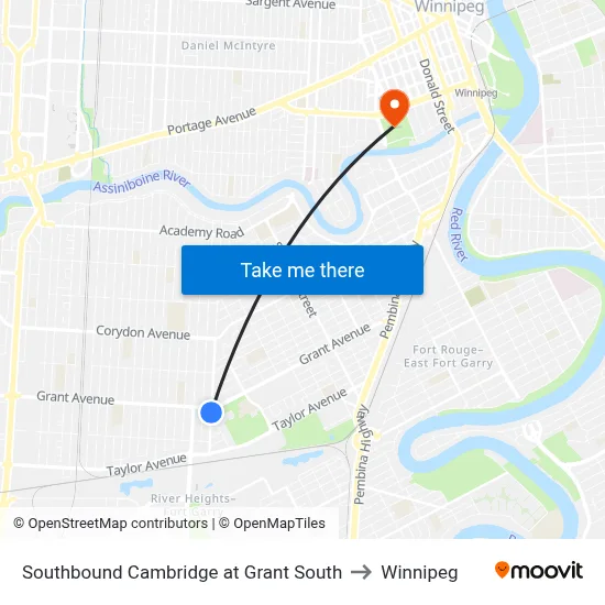 Southbound Cambridge at Grant South to Winnipeg map