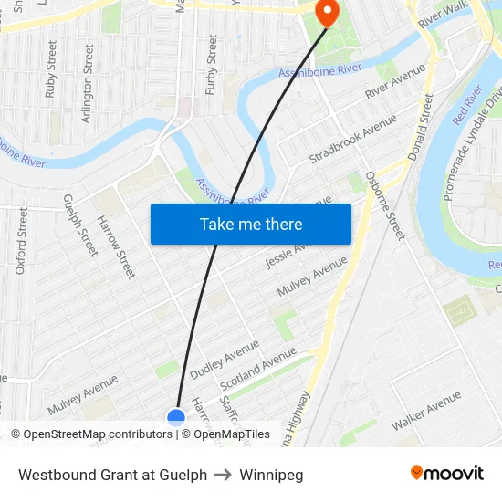 Westbound Grant at Guelph to Winnipeg map