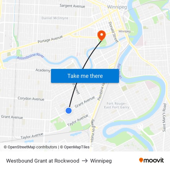 Westbound Grant at Rockwood to Winnipeg map