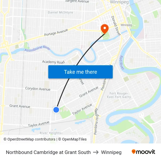 Northbound Cambridge at Grant South to Winnipeg map