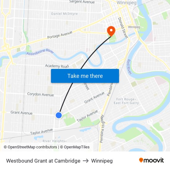 Westbound Grant at Cambridge to Winnipeg map