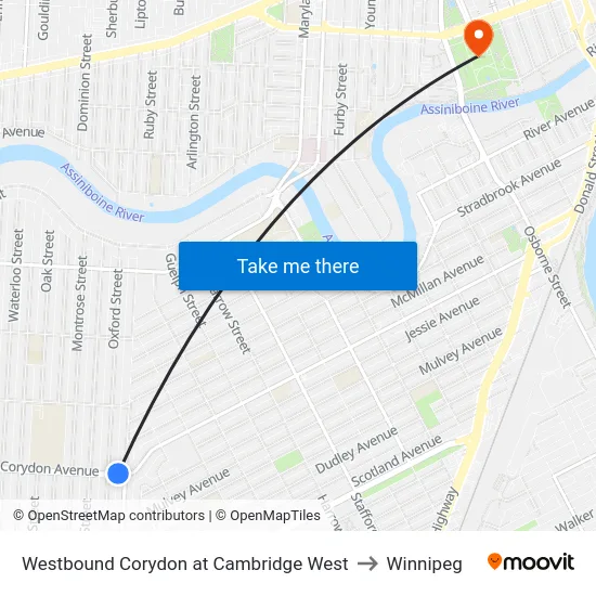 Westbound Corydon at Cambridge West to Winnipeg map
