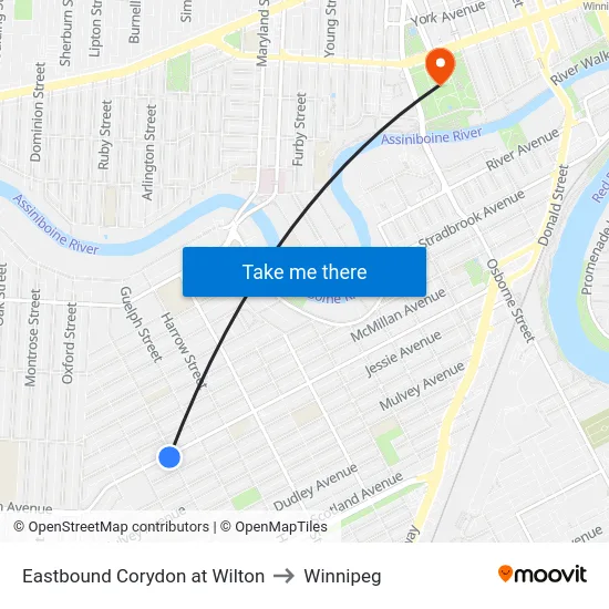 Eastbound Corydon at Wilton to Winnipeg map