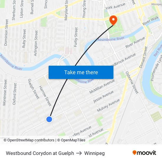 Westbound Corydon at Guelph to Winnipeg map