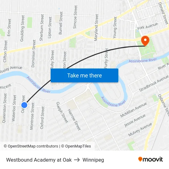 Westbound Academy at Oak to Winnipeg map