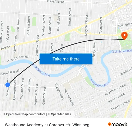 Westbound Academy at Cordova to Winnipeg map
