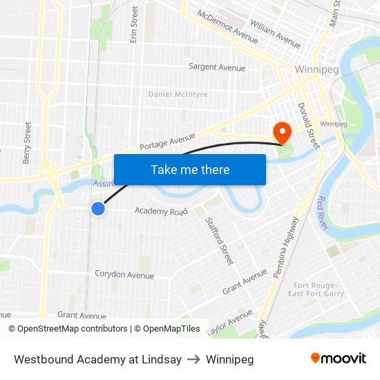 Westbound Academy at Lindsay to Winnipeg map