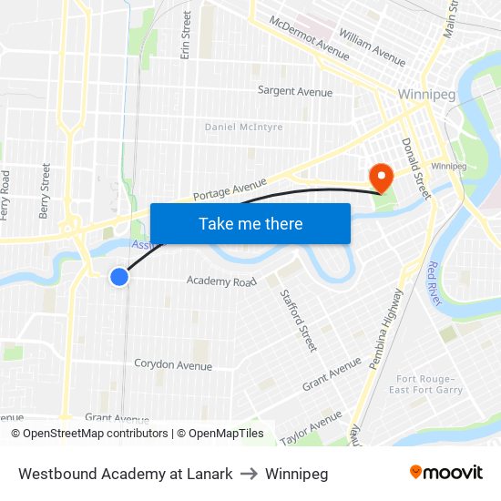 Westbound Academy at Lanark to Winnipeg map