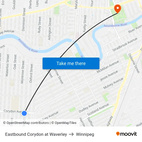Eastbound Corydon at Waverley to Winnipeg map