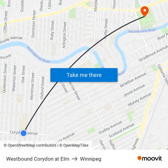 Westbound Corydon at Elm to Winnipeg map