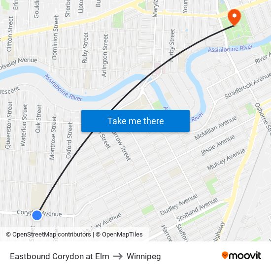 Eastbound Corydon at Elm to Winnipeg map