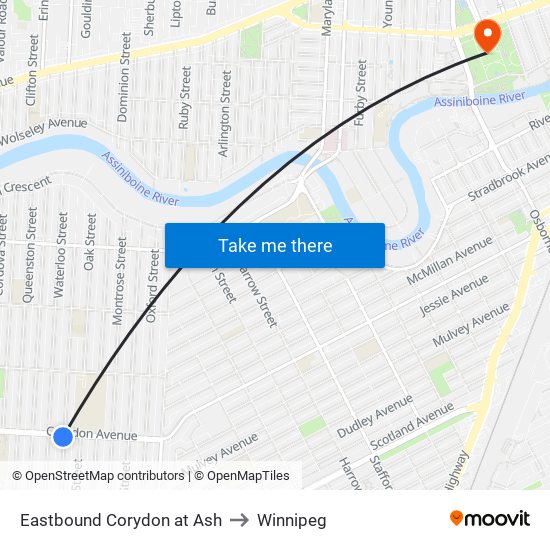 Eastbound Corydon at Ash to Winnipeg map
