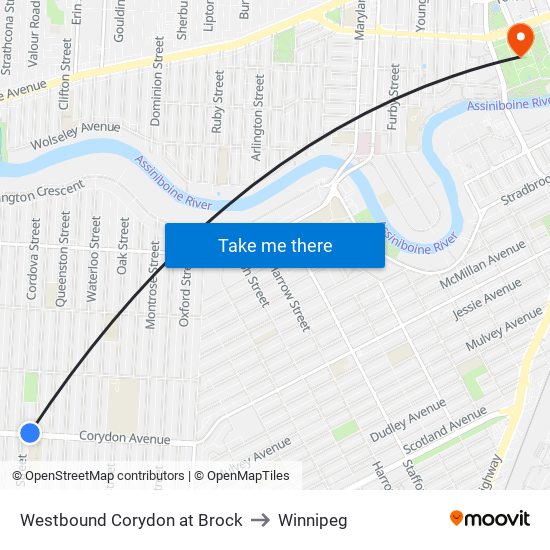 Westbound Corydon at Brock to Winnipeg map