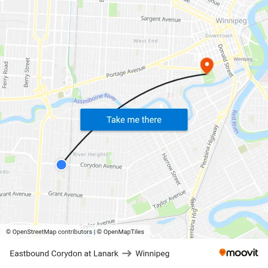 Eastbound Corydon at Lanark to Winnipeg map