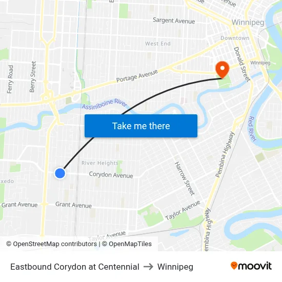 Eastbound Corydon at Centennial to Winnipeg map