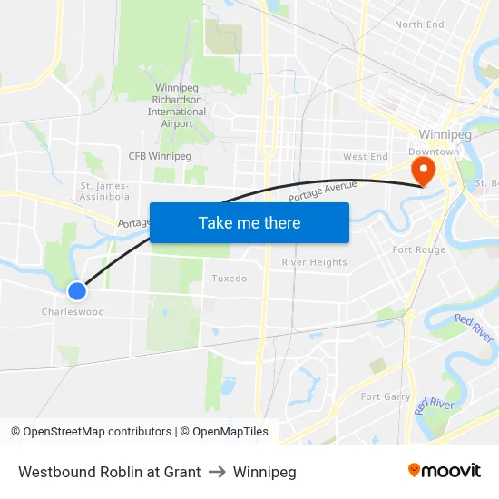 Westbound Roblin at Grant to Winnipeg map