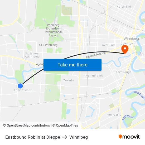Eastbound Roblin at Dieppe to Winnipeg map