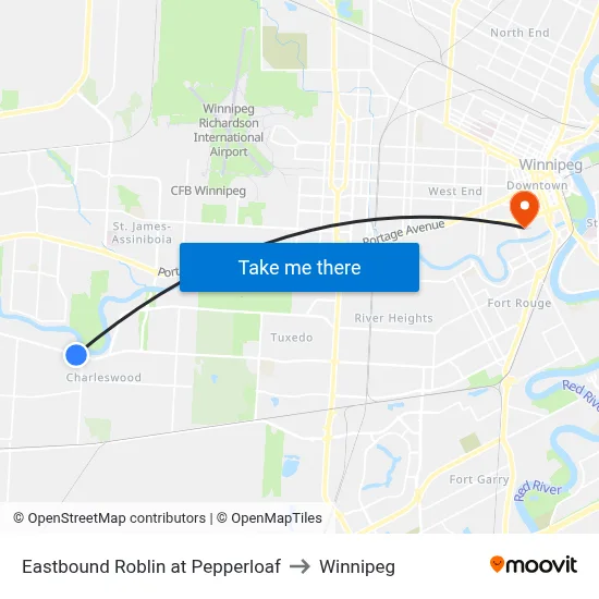 Eastbound Roblin at Pepperloaf to Winnipeg map