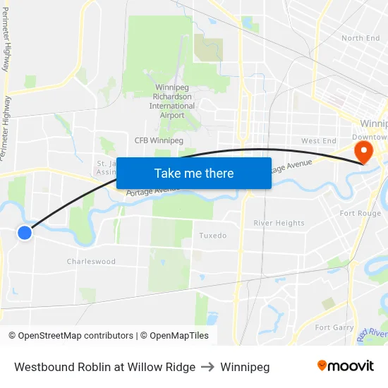 Westbound Roblin at Willow Ridge to Winnipeg map