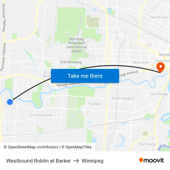 Westbound Roblin at Barker to Winnipeg map