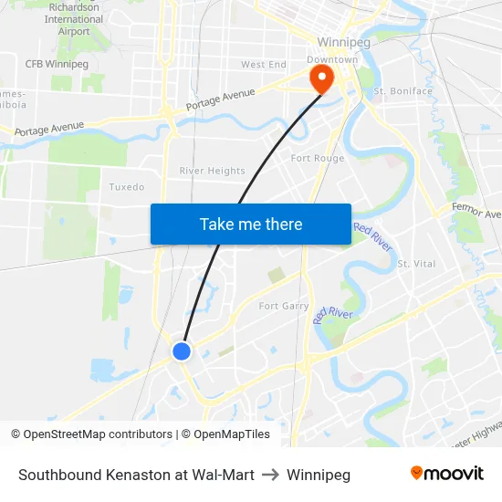 Southbound Kenaston at Wal-Mart to Winnipeg map
