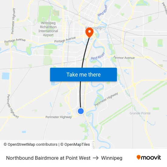 Northbound Bairdmore at Point West to Winnipeg map