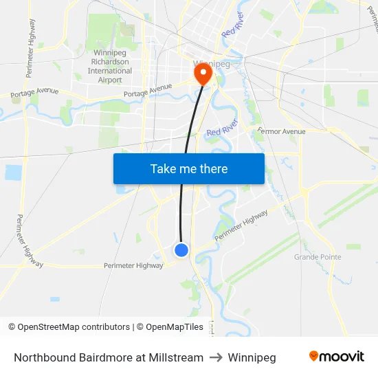 Northbound Bairdmore at Millstream to Winnipeg map