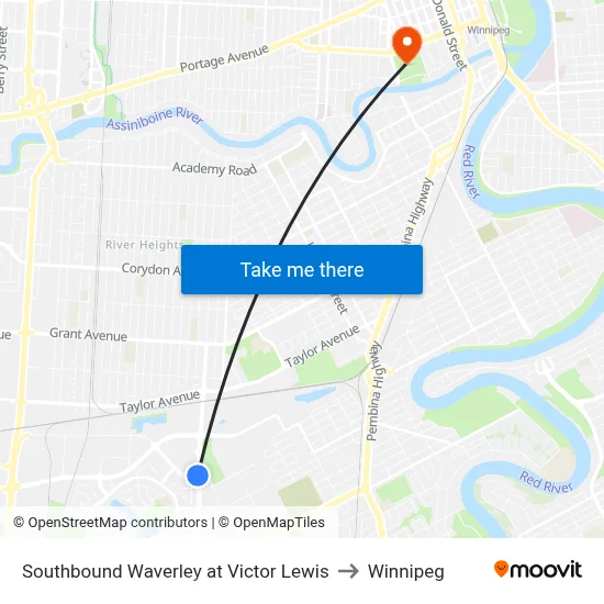 Southbound Waverley at Victor Lewis to Winnipeg map