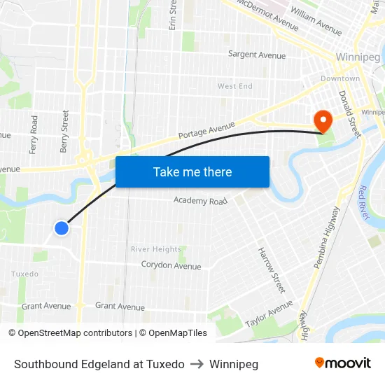 Southbound Edgeland at Tuxedo to Winnipeg map