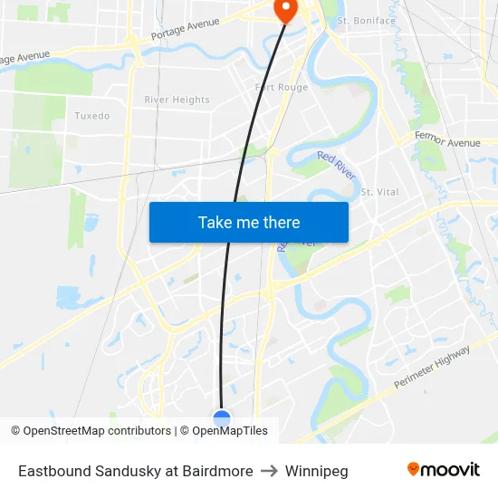 Eastbound Sandusky at Bairdmore to Winnipeg map