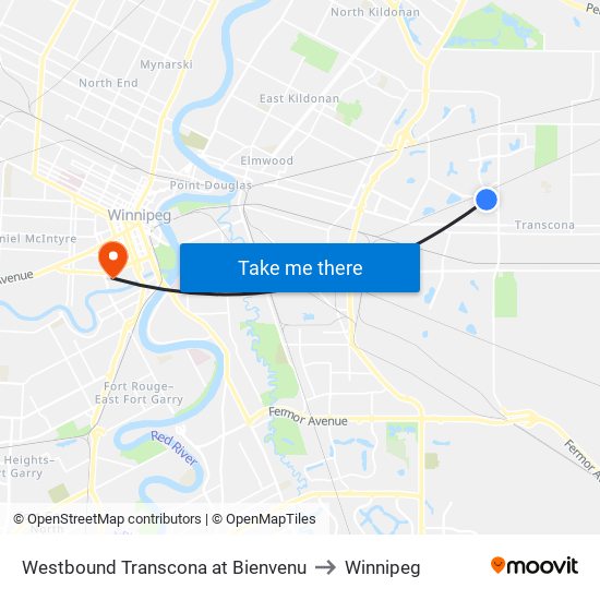 Westbound Transcona at Bienvenu to Winnipeg map