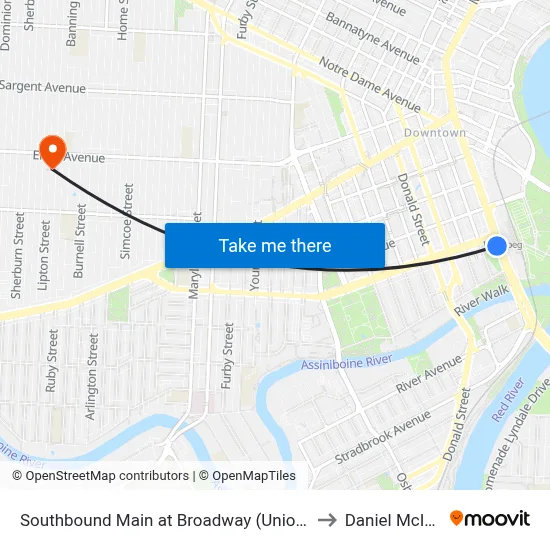 Southbound Main at Broadway (Union Station) to Daniel McIntyre map