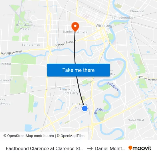 Eastbound Clarence at Clarence Station to Daniel McIntyre map