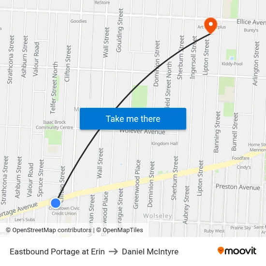 Eastbound Portage at Erin to Daniel McIntyre map