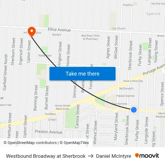 Westbound Broadway at Sherbrook to Daniel McIntyre map