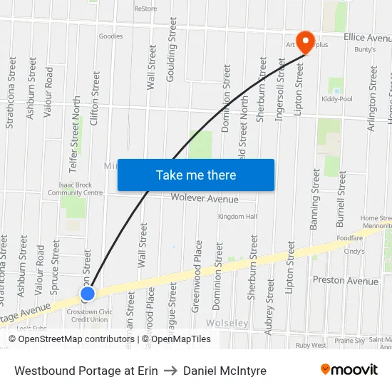 Westbound Portage at Erin to Daniel McIntyre map