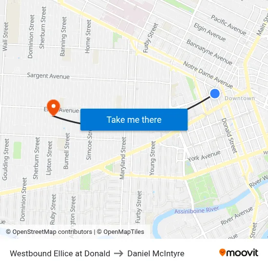 Westbound Ellice at Donald to Daniel McIntyre map