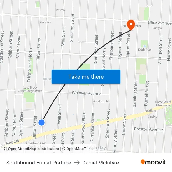 Southbound Erin at Portage to Daniel McIntyre map