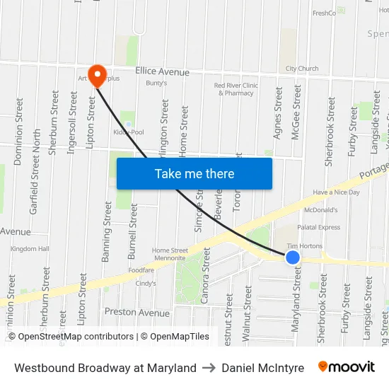 Westbound Broadway at Maryland to Daniel McIntyre map